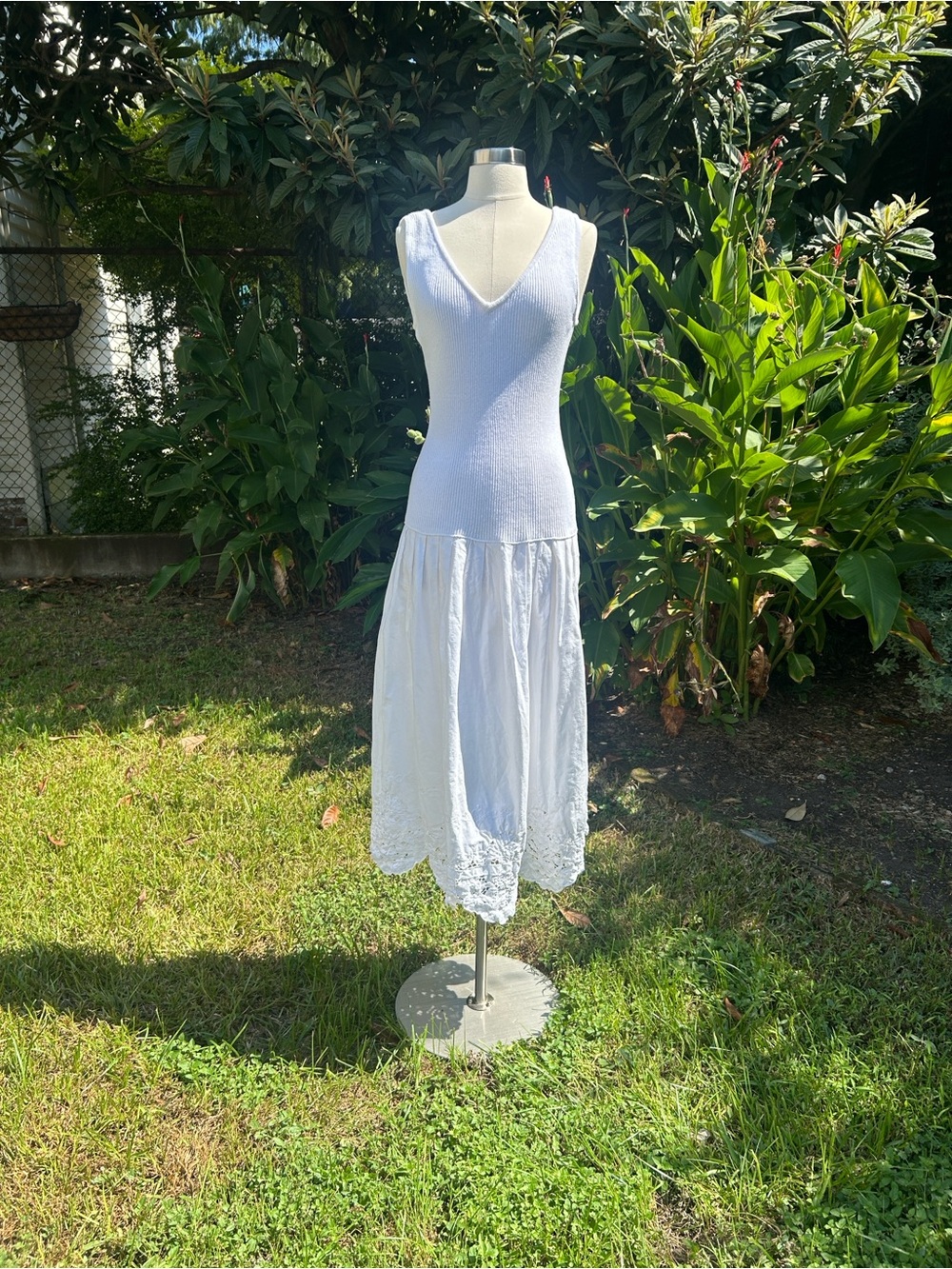 White Cotton Drop Waist Pleated Maxi Dress with Battenburg Lace Hem S